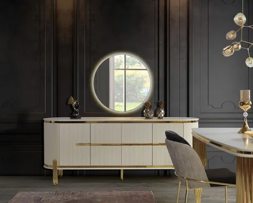 Luxus Sideboard Kommode Holz Anrichte Schrank Modern Weiß - Elegantes Sideboard in Weiß aus Holz, ideal für Esszimmer und Wohnzimmer. Mit modernen Linien und ovaler Form, bietet es stilvollen Stauraum und passt perfekt in jedes Zuhause.