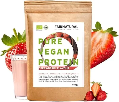 FAIRNATURAL Bio Veganes Proteinpulver Erdbeere 600G - 100% pflanzliches Protein - Genießen Sie unser veganes Proteinpulver aus hochwertigen, biologischen Zutaten. Ideal für eine bewusste Ernährung und perfekt für Fitness-Enthusiasten. Laktosefrei und ohne künstliche Süßstoffe.