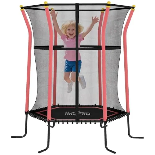 Homcom Kindertrampolin, Rot, 163.5 cm - Trampolin für Kinder, sicher mit gepolsterten Pfosten und Sicherheitsnetz, ideal für drinnen und draußen. Fördert Gleichgewicht und Koordination für Kinder von 3-10 Jahren.