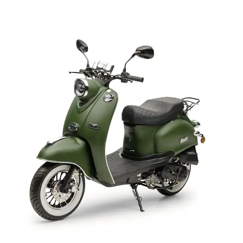 Retro Motorroller MiniMe 50ccm - Mofaroller in Grün-Matt, elegante Weißwandreifen und moderne LED-Beleuchtung für Sicherheit und Stil