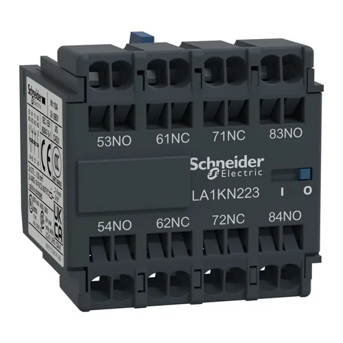 Schneider Electric Hilfsschalterblock LA1KN403 – 4 Kontakte - Hilfsschalterblock von Schneider Electric mit 4 Schließerkontakten, aufsteckbar und mit Federzuganschluss für einfache Montage. Ideal für spezielle elektrische Anwendungen.