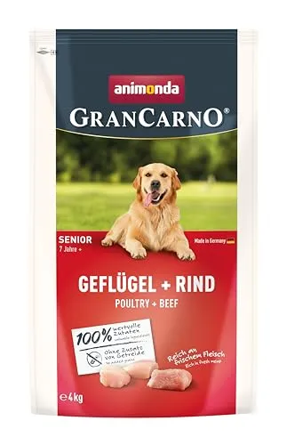animonda GranCarno Senior Hundetrockenfutter getreidefrei Geflügel + Rind (1 x 4 kg), Trockenfutter für ältere Hunde ohne Gluten und Weizen, Hundefutter trocken mit hoher Bekömmlichkeit