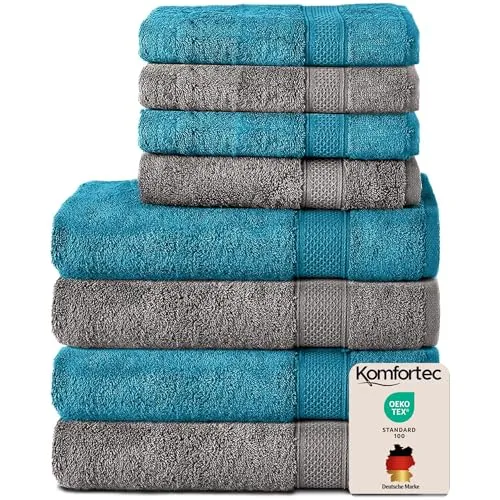 Komfortec 8er Handtuch Set aus 100% Baumwolle - Frottiertuch Set mit 4 Badetüchern (70x140 cm) und 4 Handtüchern (50x100 cm) in Anthrazit/Türkis. Flauschig, saugstark und hautsympathisch für besten Wohlfühl-Komfort. Schadstoffgeprüfte Qualität nach Öko-Tex Standard 100.