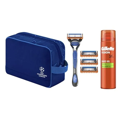 Gillette Fusion5 Champions League Special Edition Geschenkset - Handrasursets für Herren, perfektes Geschenkset für eine sanfte Rasur und umfassende Hautpflege mit Rasiergel, Rasierer und Klingen.
