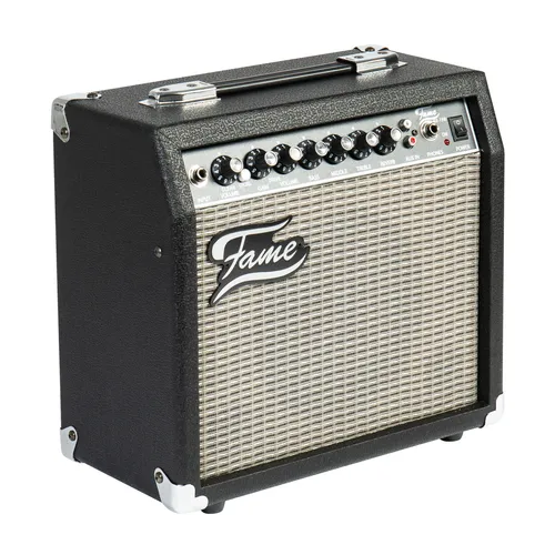 Fame E-Gitarren Verstärker GX-15, 15 Watt Combo mit 8" Lautsprecher - Bass-Combos mit Kopfhöreranschluss und 3-Band Equalizer für flexibles Üben und raumfüllenden Sound.