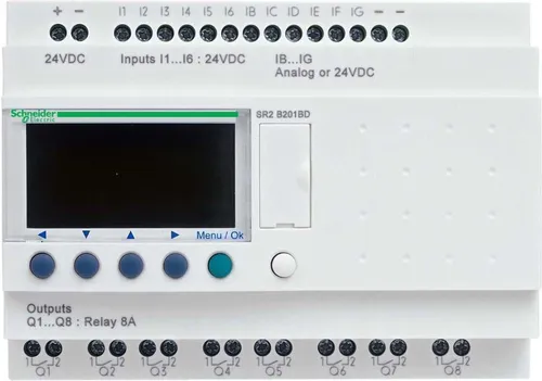 Schneider Electric SR2B201FU SPS-Steuerrelais - Schaltrelais für einfache Automatisierungsaufgaben, kompakte Bauweise mit 20 E/A und integriertem Display für einfache Bedienung.