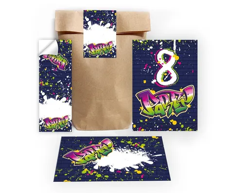 JUNAPACK Einladungskarten Graffiti zum 8. Geburtstag Einladungen Karten mit Umschlägen Mitgebsel, Mitgebsel Set mit Graffiti für Kinder zum achten Geburtstag