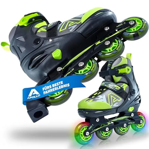 Apollo Champion Verstellbare Inlineskates für Kinder und Erwachsene - Inlineskates mit LED-Rollen, Größen 31-42, bieten sicheren Halt durch Schnalle und Klettverschluss sowie ein Aluminium-Chassis für optimale Kontrolle.