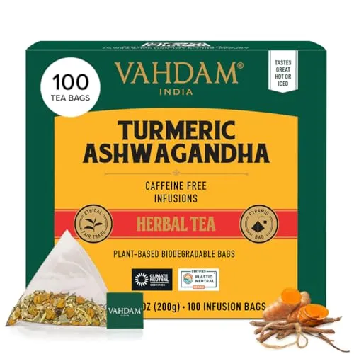 VAHDAM, Kurkuma Ashwagandha Kräutertee (100 Teebeutel) | Koffeinfrei | Kurkuma & Gartenfrischen Gewürzen | Verpackt in Indien | Brühen Sie Heiß, Eis oder Kombucha Tee