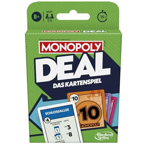 Hasbro Monopoly Deal Kartenspiel für 2-5 Spieler - Deckkartenspiel für ab 8 Jahre, schnelles Spielvergnügen in nur 15 Minuten, ideal für unterwegs, mit Aktionskarten für strategisches Spielen.