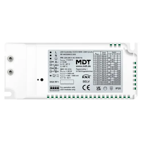 MDT technologies KNX RF+ LED Controller RF-AKD260CC.02S - Dimmaktor für KNX-Funk mit 2 Ausgängen und 60 W Leistung, ideal für die Einbauinstallation und einfache Steuerung von LED-Leuchten.