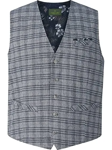 Charles Colby Herren Weste Duke Niven blau, 4XL (XXXXL) - 70 - Edle Glencheck-Weste DUKE NIVEN für Herren in Plus-Size. Hochwertiger Baumwoll-Leinen-Mix sorgt für besten Tragekomfort. Mit eleganten Details wie Brusttasche und regulierbarem Rückenteil perfekt für jeden Anlass.