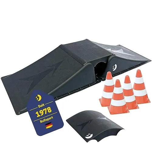 BEST SPORTING Rampen-Set für Skateboard/BMX-Rad/Skater & RC Cars I 3-teilige Skater Rampe inkl. rundem Mittelstück & 4 Pylonen I stabile Skateboard Rampe I hochwertige Scooter Rampe