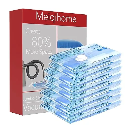 MEIQIHOME 8er Set Vakuumbeutel für Kleidung – 3 Jumbo, 3 Groß, 2 Mittel – Aufbewahrungsbeutel Reise & Zuhause, platzsparend & wiederverwendbar