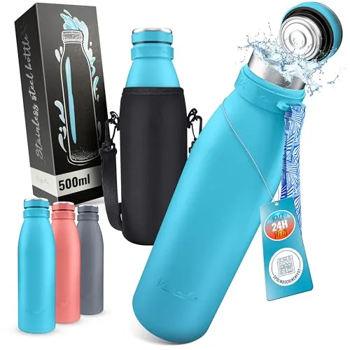 Vezato Trinkflasche Edelstahl - BPA-freie Isolierflasche 500 ml - Auslaufsichere Wasserflasche mit doppelter Isolierung - Thermosflasche spülmaschinenfest - Für Kohlensäure geeignet - Nachhaltig