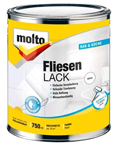Molto Fliesenfarbe 5087729, 0,75l - Glänzende weiße Fliesenfarbe für innen - Lacke für Wandfliesen in Bad, Küche und mehr. Schnelle Trocknung, gute Haftung und beständig gegen Haushaltsreiniger. Ideal für eine langlebige, glänzende Oberfläche.