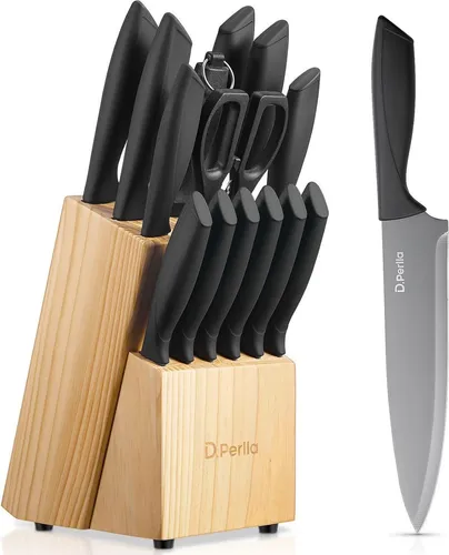 D.Perlla 15-teiliges Messerset mit Holzblock und Antihaftbeschichtung - Vielseitiges Messerset für die Küche – 15 Teile aus hochwertigem Edelstahl mit ergonomischen Griffen für komfortables Schneiden. Der elegante Holzblock sorgt für eine sichere Aufbewahrung.
