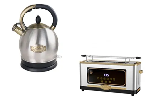 Kaiser Wasserkocher WK 2000 R & Retro-Toaster T 4000 R - Stilvolles Küchenset: Der Kaiser WK 2000 R Wasserkocher bietet 2 L Fassungsvermögen und effizientes Design, während der T 4000 R Toaster mit 6 Toaststufen und praktischem Brötchenaufsatz überzeugt. Ideal für moderne Küchen!