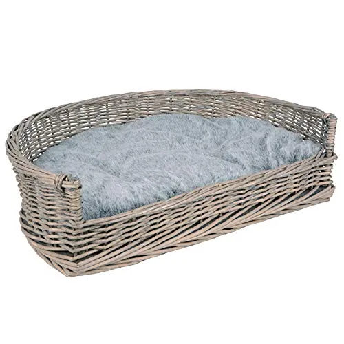 UNUS Haustierkorb grau/weiß Washed mit grauem Kissen M - Hundebett für kleine bis mittelgroße Hunde, mit herausnehmbarem, waschbarem Kissen für einfache Pflege. Hochwertige Weide und modernes Design bieten einen gemütlichen Rückzugsort.