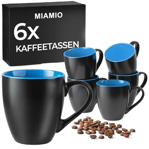 MiaMio Tasse Set - 6 x 350 ml Kaffeetassen in Schwarz und Blau - 6-teiliges Tassen Set, stilvolles Design mit farbigem Innenleben, perfekt für Kaffeeliebhaber.