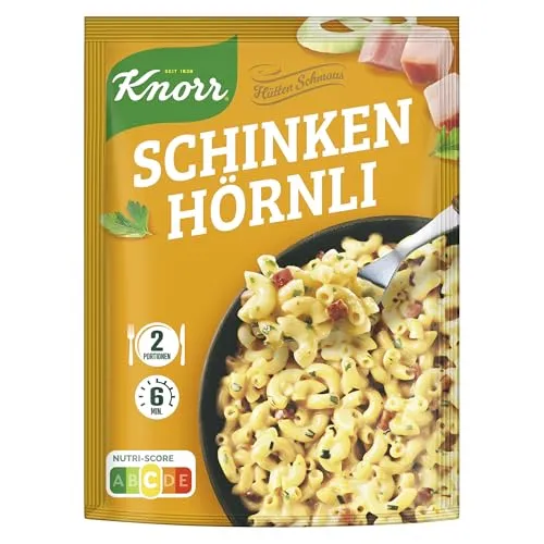 Knorr Hüttenschmaus Pastagericht Schinken Hörnli – Schnelle Pasta für 2 Portionen - Genießen Sie das schmackhafte Knorr Hüttenschmaus Schinken Hörnli: Leckere Pasta in cremiger Sauce, fertig in nur 6 Minuten. Ideal für ein schnelles und köstliches Essen ohne geschmacksverstärkende Zusatzstoffe.