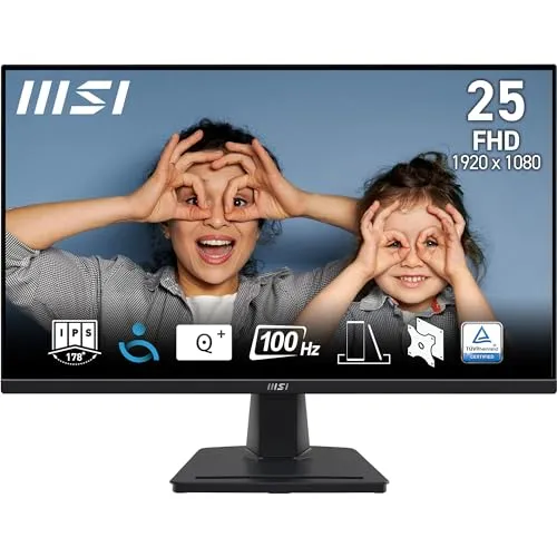 MSI PRO MP252 24.5 Zoll Full HD Office Monitor - 24,5-Zoll-FHD-Monitor mit 100 Hz Bildwiederholrate, IPS-Panel und integrierten Lautsprechern. Ideal für Büroarbeiten mit TÜV-zertifizierter Augenfreundlichkeit und neigbarem Standfuß.