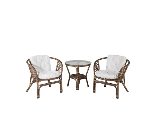 Wera Café-Set: 2 Stühle, 1 Tisch im Walnuss-Design - Gartentische – Stilvolles Café-Set mit gepolsterten Stühlen und elegantem Glastisch, perfekt für Terrasse oder Wohnzimmer.