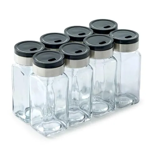 Betty Bossi Gewürzstreuer aus Glas - 8 Stk. mit Edelstahldeckel - Küchenhelfer mit elegantem Design und verschiedenen Lochgrößen für präzise Dosierung. Spülmaschinengeeignet und platzsparend durch eckige Form.