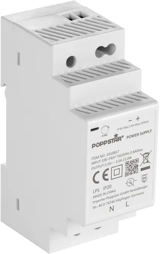Poppstar DIN-Rail Netzteil 5V DC 3A 15W - Hutschienen-Netzteil mit Kurzschluss- und Überspannungsschutz, ideal für sichere Stromversorgung