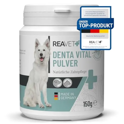 REAVET Denta Vital Pulver 150 g - Natürliche Zahnpflege für Hunde & Katzen, reduziert Mundgeruch und Zahnsteinbildung – einfach ins Futter mischen für gesunde Zähne und frischen Atem.