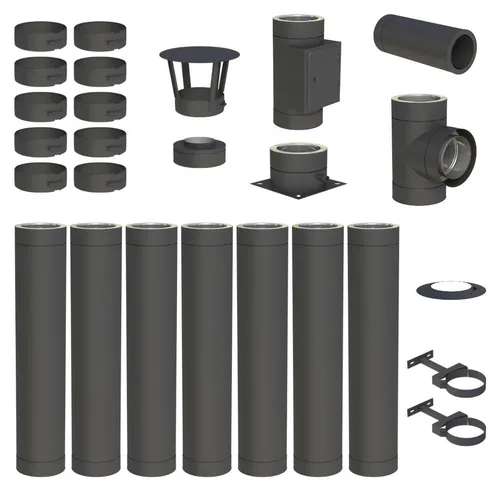 7,6 m Edelstahlschornstein Ø 130 mm Komplettset doppelwandig DW-Black - Praktisches Komplettset für den robusten Edelstahlschornstein mit einfacher Montage. Ideal für Bodenmontage, sorgt für zuverlässige Sicherheit und lange Lebensdauer.