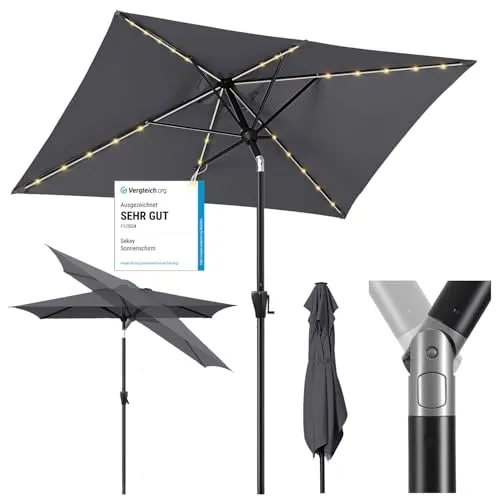 Sekey Sonnenschirm 210 x 140 cm mit LED-Solar-Beleuchtung - Sonnenschirm aus leichtem Aluminium, kippbar mit UV50+ Sonnenschutz und 26 Solar-LED-Lichtern für stimmungsvolle Beleuchtung im Garten.