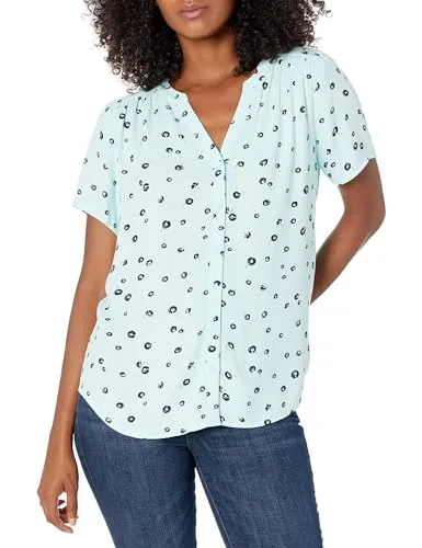 Amazon Essentials Damen Kurzärmlige Webbluse Mit Lockerer Passform, Aquablau Mohnblume, XXL