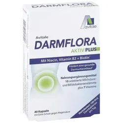 Avitale Darmflora Aktiv Plus 40 St - Darmflora Ergänzung mit 10 speziellen Bakterienkulturen für die Unterstützung der Verdauung. Enthält wichtige Vitamine zur Erhaltung normaler Schleimhäute und für einen aktiven Lebensstil.