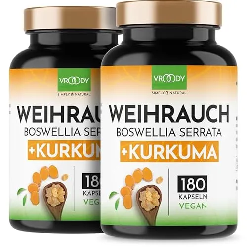 VROODY Weihrauchkapseln 2000mg hochdosiert - 2x 180 Stück mit Boswellia Serrata & Curcuma - Hochdosierte Weihrauchkapseln mit 85% Boswelliasäure und Curcuma für eine einfache tägliche Einnahme. Vegan, ohne unerwünschte Zusätze und in geprüfter Qualität hergestellt.