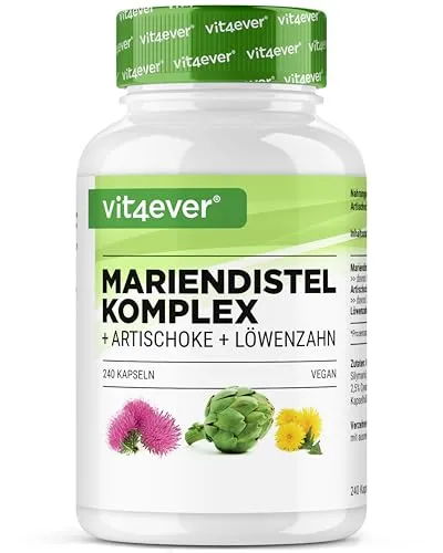 Mariendistel Artischocken Löwenzahn Komplex - 240 Kapseln - Pflanzliches Ergänzungsmittel mit hochdosierten 80% Silymarin und 2,5% Cynarin, perfekt für die Unterstützung der Leberfunktion, vegan und laborgeprüft auf Reinheit.