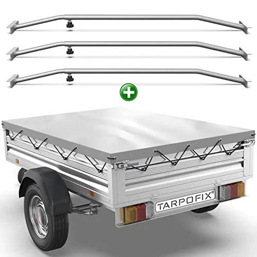 Tarpofix® Anhängerplane 207x114 cm + 3X Planenbügel | Anhänger Plane Flachplane aus PVC PLANENMATERIAL | Verstärkte Stema Anhänger Plane für 750kg PKW Hänger | Abdeckplane + Flachplanenbügel | Grau