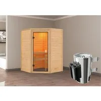 Karibu Sauna Antonia mit integriertem Ofen - Massivholzsauna für niedrige Räume, inklusive 3,6 kW Ofen und umfangreichem Zubehör. Genießen Sie höchste Energieeffizienz und Komfort mit hochwertigen Espenholzliegen.