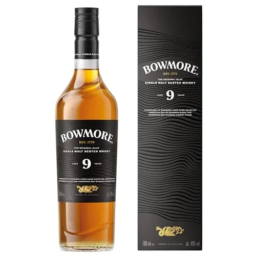 Bowmore 9 Jahre - Islay Single Malt Scotch Whisky - Whisky aus Islay, gereift in Oloroso Sherry- und Bourbonfässern, vereint maritime Noten mit süßem Honig und einer würzigen Eiche für ein außergewöhnliches Geschmackserlebnis.