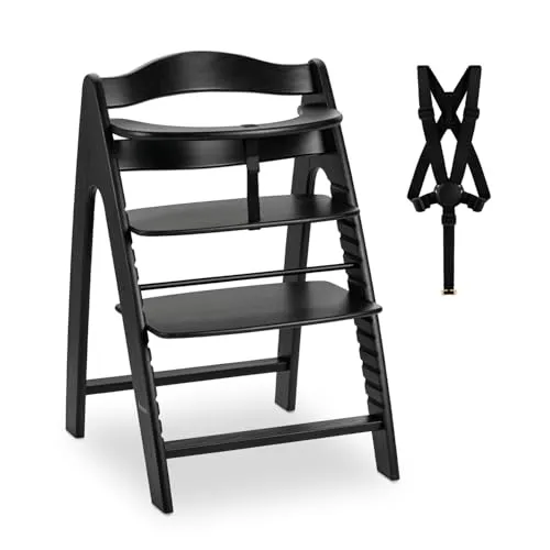 hauck Kinder Hochstuhl Arketa Buchenholz - Mitwachsender Holz Babystuhl (FSC® zertifiziert), Kinderhochstuhl ab 6 Monate, verstellbar, mit Schutzbügel, Schrittgurt und 5-Punkt-Gurt (Blackwashed)