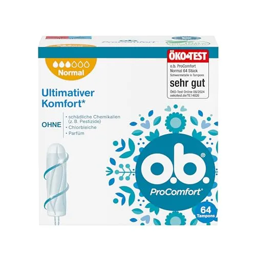 o.b. ProComfort Normal Tampons, 64 Stück - Für ultimativen Komfort und sicheren Schutz - Tampons für mittlere bis stärkere Tage mit SilkTouch Oberfläche für sanfte Anwendung. Gynäkologisch getestet und 100% pflanzlich, ideal für umweltbewusste Frauen.