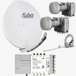 Fuba Sat Anlage 8 Teilnehmer - 2 Satelliten - SAT-Antennen für zwei Satelliten und acht Teilnehmer mit exzellenter Empfangsqualität, ideal für HDTV und UHD. Inklusive hochwertiger Aluminium-Druckguss Schüssel und starkem Multischalter.