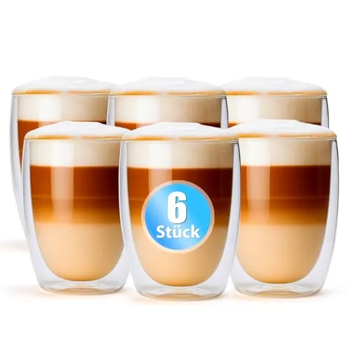 BigDean 6 Stück doppelwandige Latte Macchiato Gläser 300 ml – Stilvolle Kaffeegläser für jeden Anlass - Kaffee- & Teegläser in elegantem Design, perfekt isoliert für Heiß- und Kaltgetränke. Ideal als Geschenk in stilvoller Verpackung.