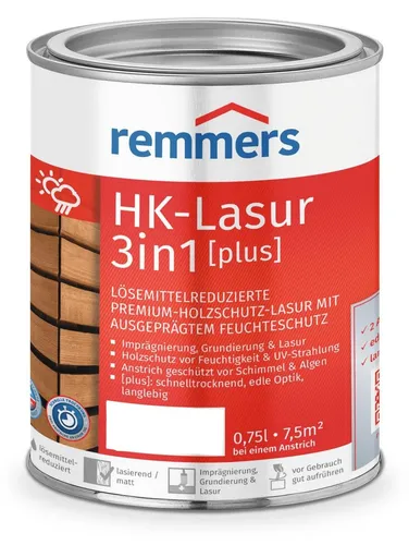 Remmers Lasur HK LASUR 3IN1 PLUS - 0.75 LTR - Premium Holzlasur für außen, 3in1: Imprägnierung, Grundierung und Lasur. Schützt effektiv vor Feuchtigkeit und UV-Strahlung, schnell trocknend für bis zu 2 Anstriche an einem Tag.