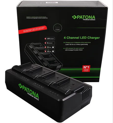 PATONA Premium 4-fach Ladegerät für NP-F 550/F750/F960/F970 - Kamera Stromversorgung, lädt bis zu 4 Akkus gleichzeitig und sorgt für längere Aufnahmezeiten ohne Unterbrechung.