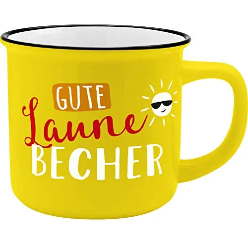 GRUSS & CO Becher Motiv "Gute Laune" | Kaffeetasse aus New Bone China Porzellan, Emaille-Optik, 35 cl | Tasse mit Spruch | 45786