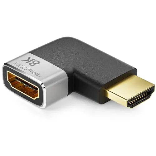 deleyCON HDMI Adapter Kupplung Verbinder 8K@60Hz / 4K@120Hz UHD 7680x4320 Aluminium HDMI 2.1 ARC HDR10+ Dolby Vision VRR ALLM 48Gbps Links Gewinkelt Grau Schwarz