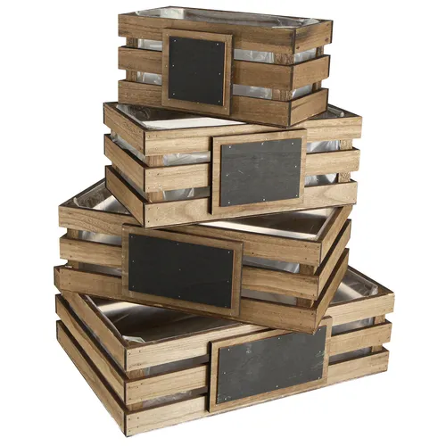 Vintage Holzkiste Pflanzkasten Set 4er-Set 40-25cm - Sonstige Holzkisten im Vintage-Stil, ideal für kreative Dekoration und persönliche Botschaften. Vielseitig einsetzbar als Blumentopf oder Geschenkbox, bringen sie rustikalen Charme in Ihr Zuhause.