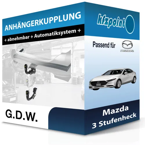 G.D.W. Abnehmbare Anhängerkupplung für Mazda 3 (11.2018-jetzt) - Anhängerkupplung von G.D.W. für Mazda 3, abnehmbar und ohne Eintragung in Fahrzeugpapiere. Ideal für bis zu 1600 kg Anhängelast, unkomplizierte Montage und TÜV-frei.
