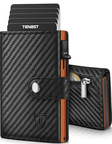 TENBST Geldbörse Herren - Portmonee Herren mit Münzfach & RFID Schutz, Hochwertige Slim Wallet, Kartenetui Klein 8-10 Karten, Premium Geldbeutel, Geschenke zum Vatertag (Schwarz & Orange)